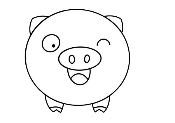 画法:胖乎乎的小猪,只能看到它的正面,就像是一个可爱的卡通动物头像
